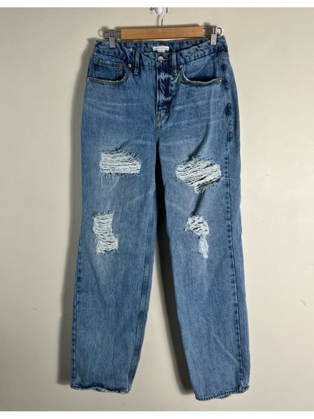 Good American Size 28 Straight Leg High Rise Distressed Jeans Light Wash